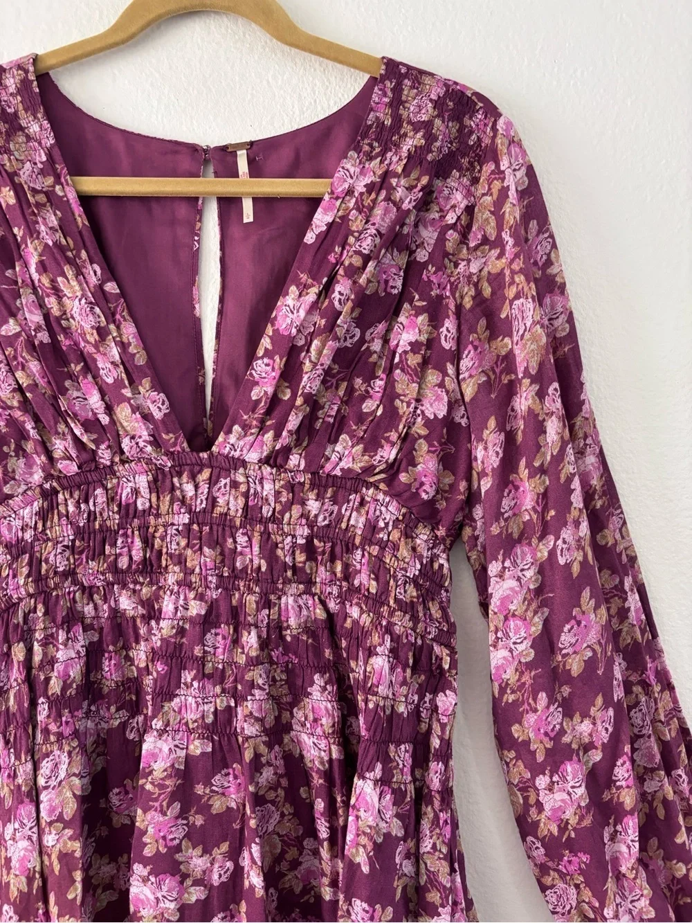 Free People Keep You Mini Dress Berry Combo Floral Boho V-Neck Large EUC